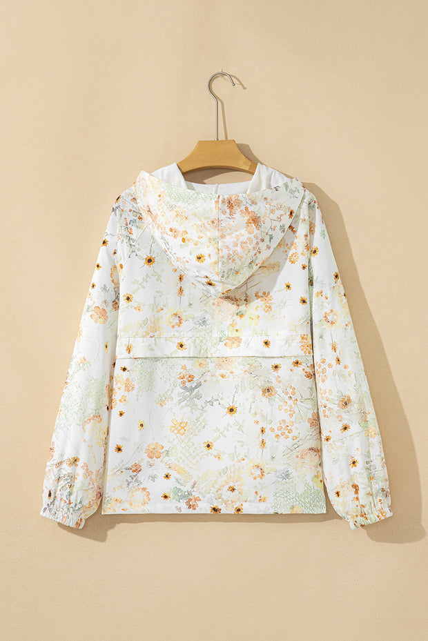 Yellow Floral Print Half Zip Hooded Long Sleeve Top
