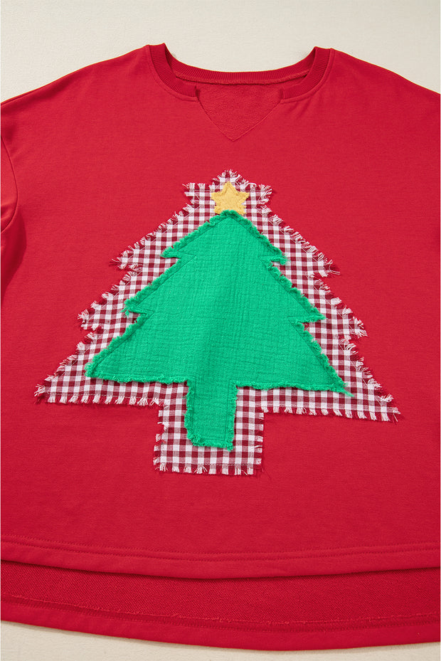 Fiery Red Plaid Frayed Double Christmas Tree Patched Drop Shoulder Sweatshirt