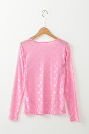 Pink Mesh Bow Pattern Long Sleeve Top