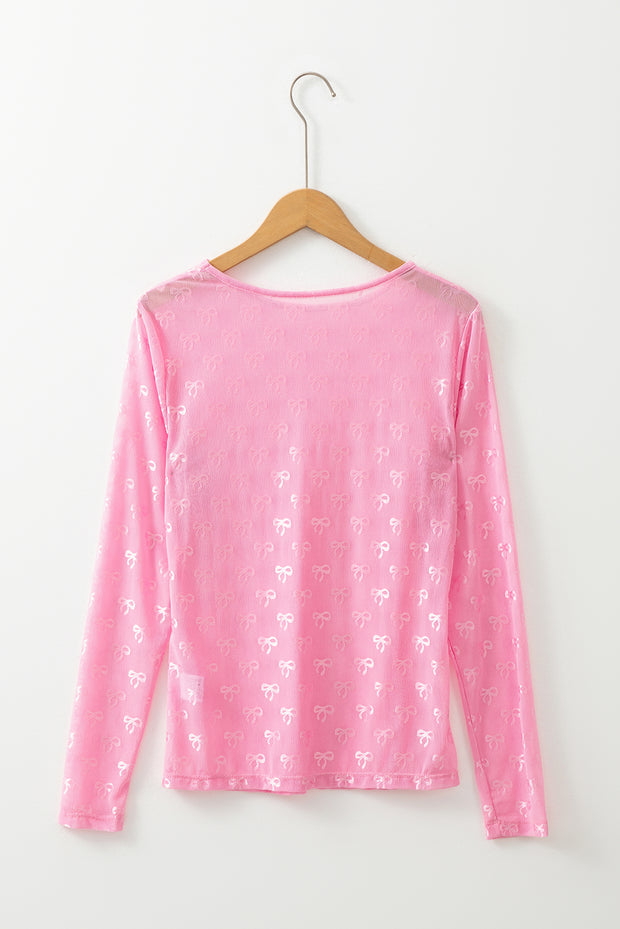 Pink Mesh Bow Pattern Long Sleeve Top