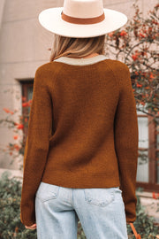 Chestnut Contrast Knit V Neckline Short Cardigan