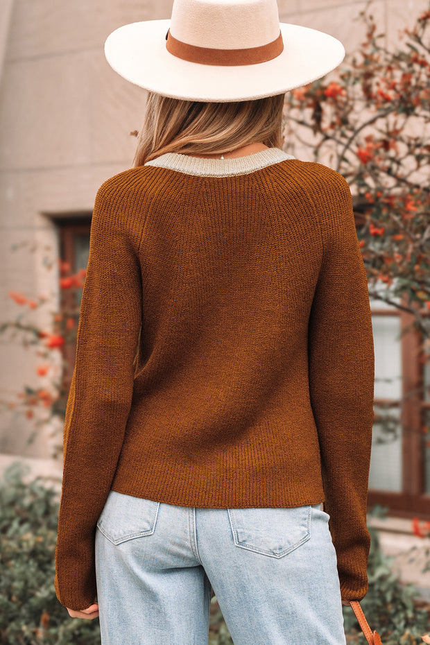 Chestnut Contrast Knit V Neckline Short Cardigan