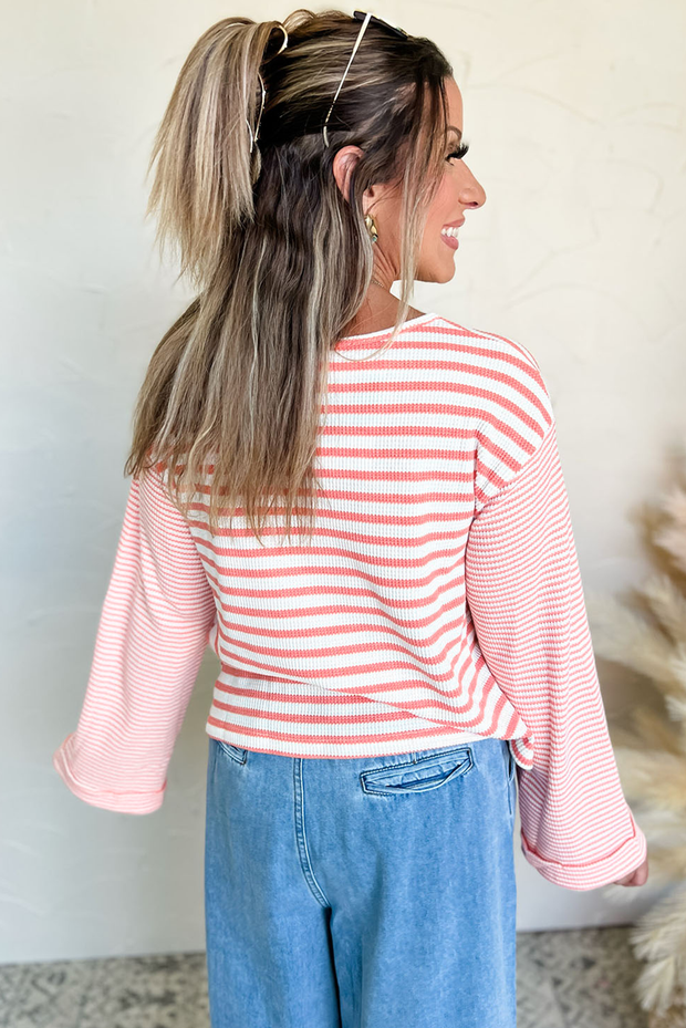 Pink Stripe Textured Contrast Dropped Long Sleeve Top
