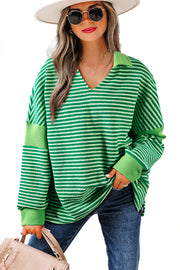 Green Stripe Turn-Down V Neck Patchwork Loose Top