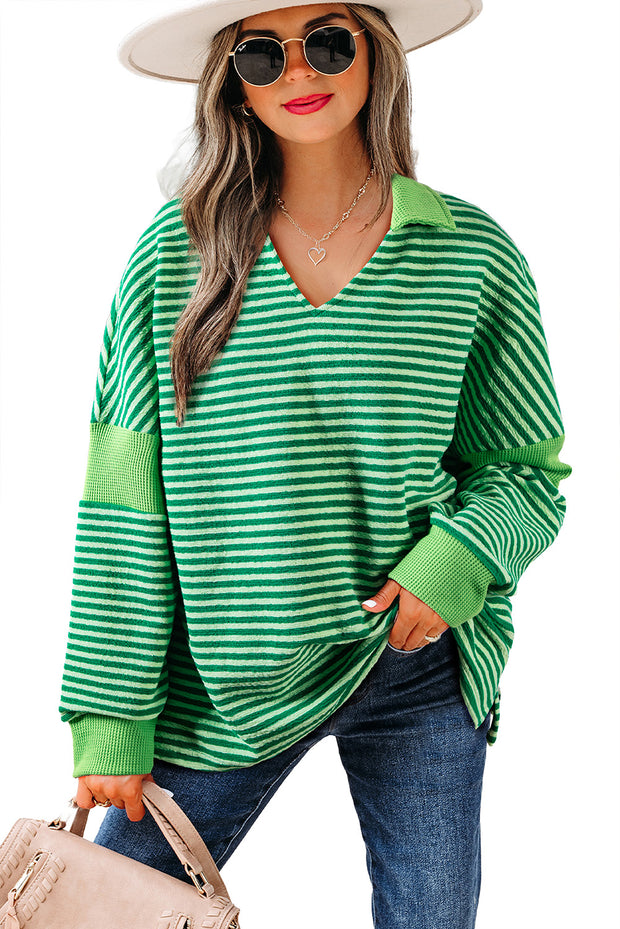 Green Stripe Turn-Down V Neck Patchwork Loose Top