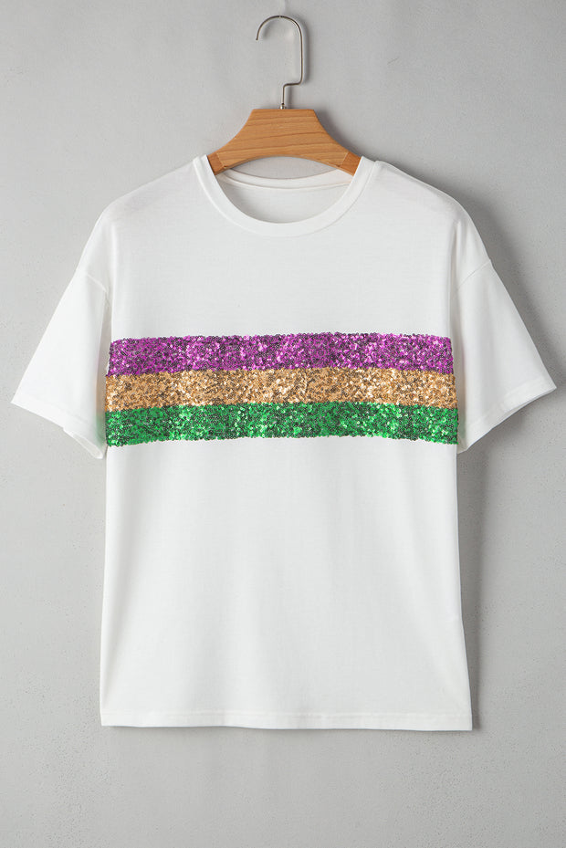 Camiseta de cuello redondo con parches de rayas y lentejuelas blancas para Mardi Gras