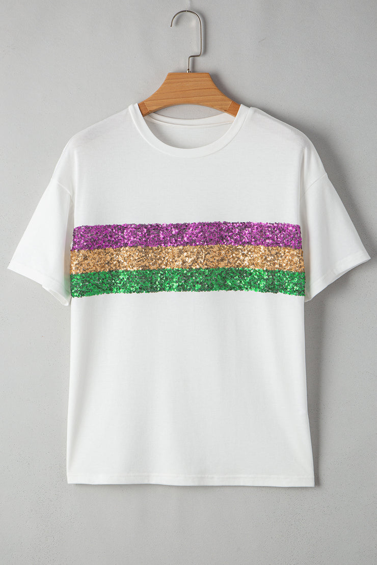 Camiseta de cuello redondo con parches de rayas y lentejuelas blancas para Mardi Gras
