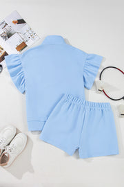 Beau Blue Ribbed Texture Half Zip Ruffled Short Sleeve Top and Shorts Set