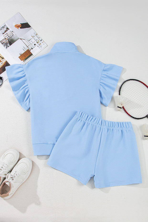 Beau Blue Ribbed Texture Half Zip Ruffled Short Sleeve Top and Shorts Set