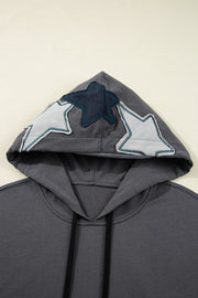 Carbon Grey Star Patchwork Contrast Stitching Mineral Wash Kangaroo Pocket Vintage Hoodie