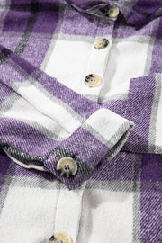 Purple Plaid Color Block Buttoned Long Sleeve Jacket with Pocket