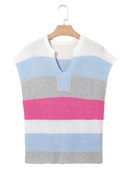Light Blue Color Block Notch V Neck Sweater T Shirt