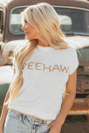 White Knitted YEEHAW Stitch Edge Crew Neck Sweater T Shirt