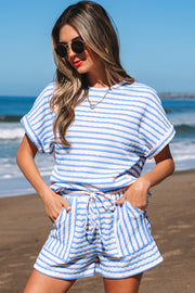 Sky Blue Stripe Knitted Short Sleeve Top and Drawstring Shorts Set