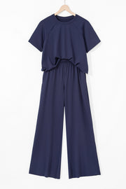 Navy Blue Raw Hem Loose Tee and Wide Leg Pants Set