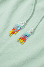 Clearly Aqua Floral Embroidered Puff Sleeve Split Neck Blouse