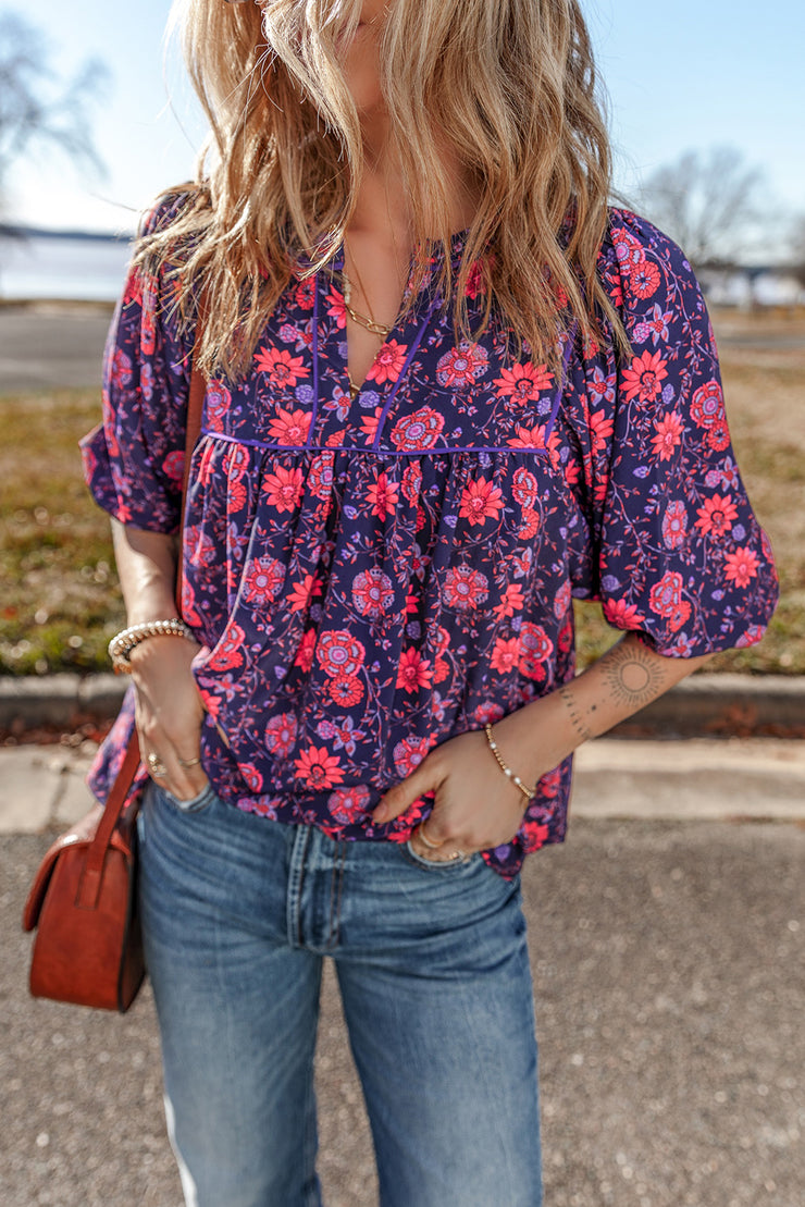 Purple Floral Half Sleeve Split Neck Blouse Top
