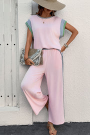 Pink Corded Colorblock Patchwork Short Sleeve Top and Loose Pants Set