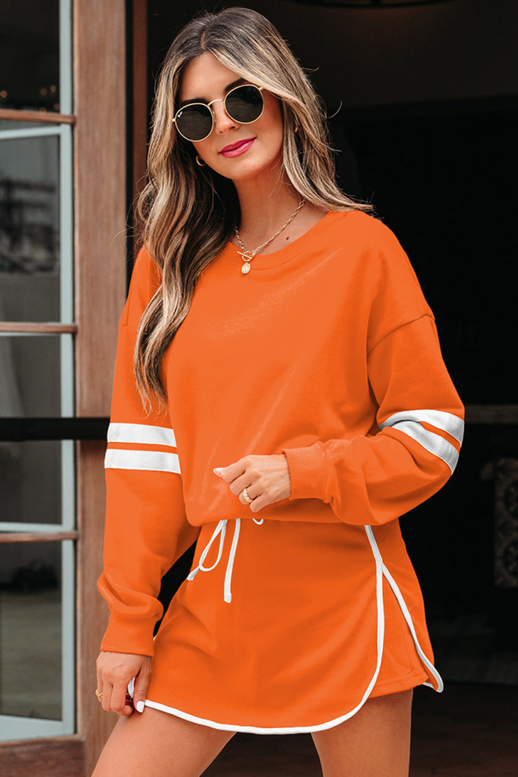 Orange Varsity Stripe Detail Drop Shoulder Pullover Mini Skirt Set