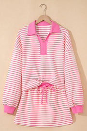 Pink Stripe Collared V Neck Drop Shoulder Pullover and Skort 2pcs Outfit