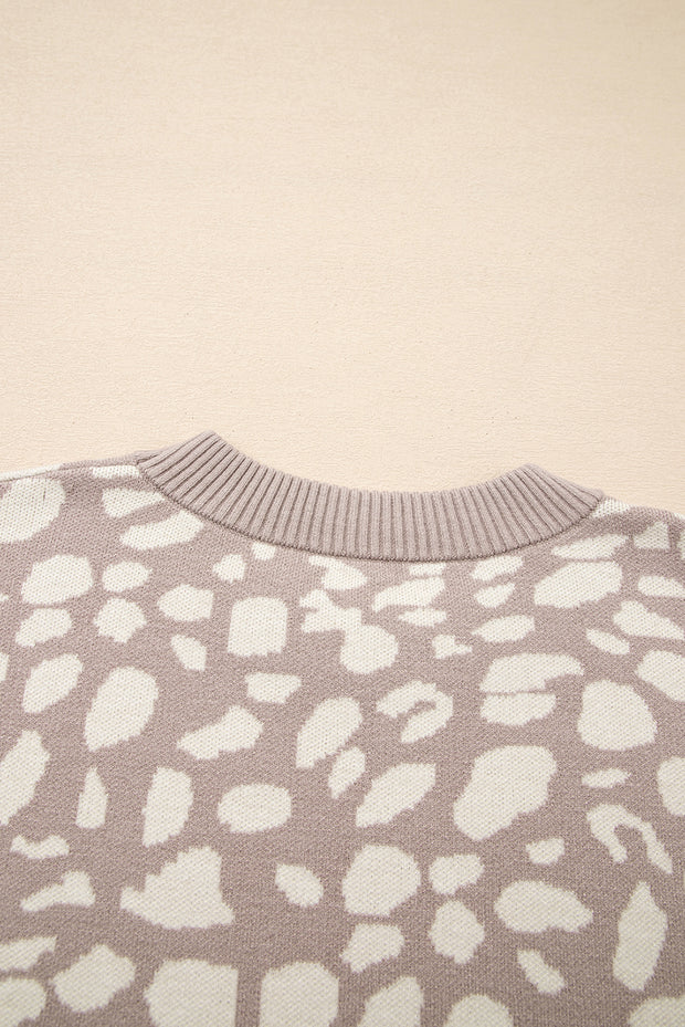 Gray Leopard Spots Pattern Ribbed Trim Drop Shoulder Sweater