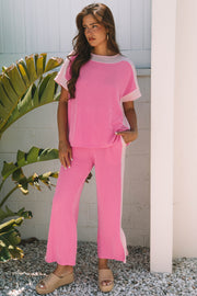 Sachet Pink 2-tone Colorblock Patchwork Corded 2pcs Outfit