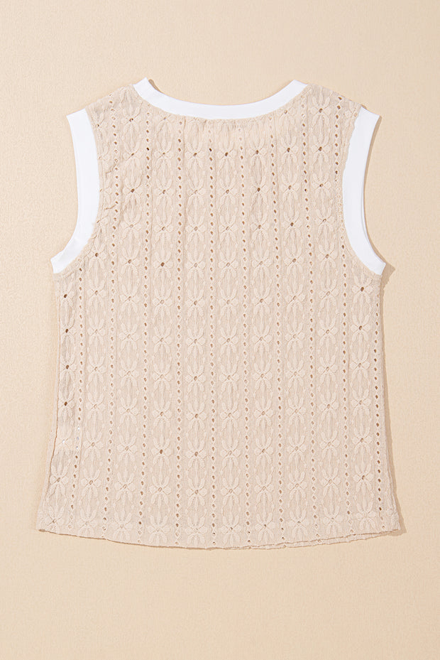 Camiseta sin mangas con cuello redondo y textura floral en color avena