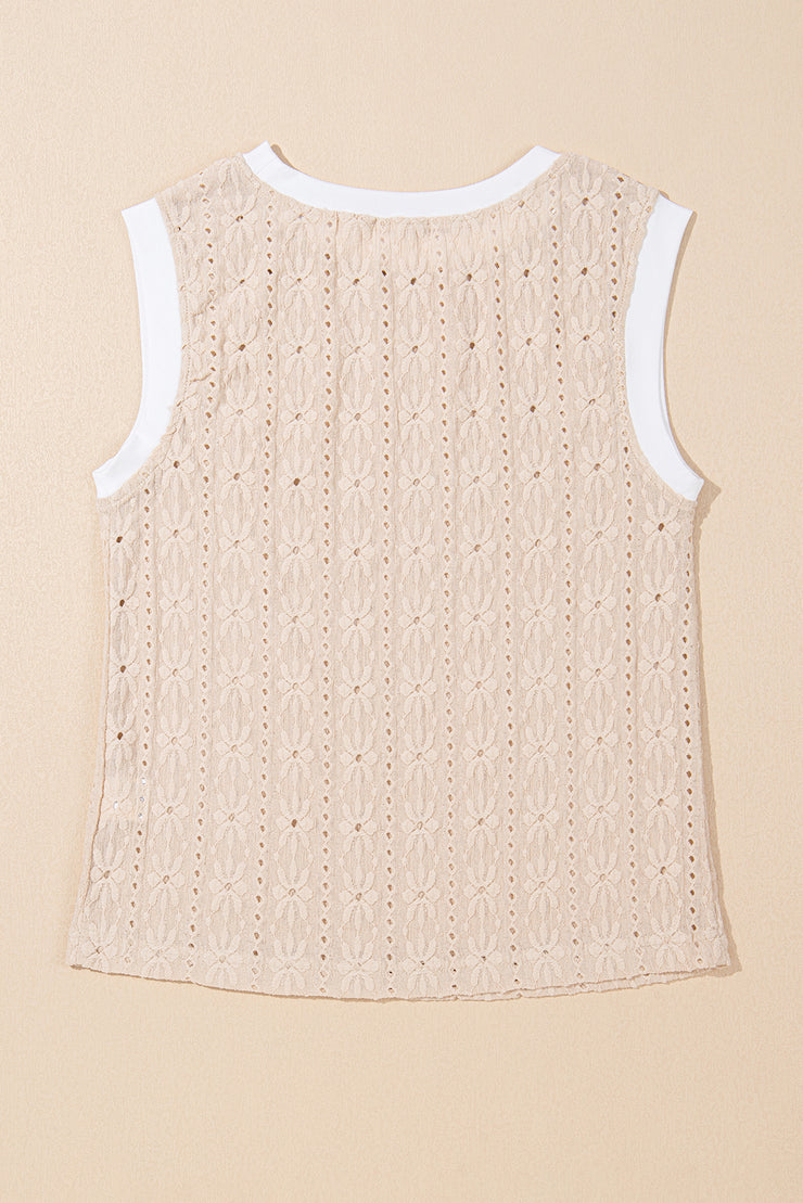 Camiseta sin mangas con cuello redondo y textura floral en color avena