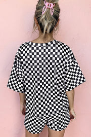Black Checkered Top and Short Casual 2pcs Set