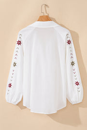 White Floral Embroidered Puff Sleeve Eyelet Patchwork Shirt
