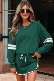 Evergreen Varsity Stripe Detail Drop Shoulder Pullover Mini Skirt Set