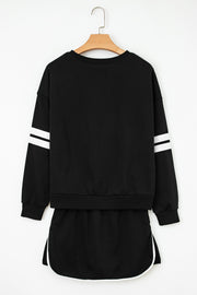 Black Varsity Stripe Detail Drop Shoulder Pullover Mini Skirt Set