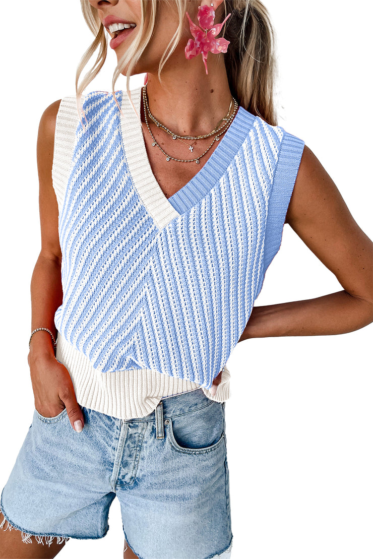 Sky Blue Contrast Chevron Knit V Neck Sweater Vest