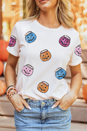 White Sequin Pumpkin Face Patched Crew Neck Holiday T Shirt