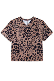 Camiseta extragrande de media manga con cuello en V y estampado de leopardo marrón