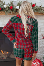 Red Plaid Contrast Patched Christmas Holiday Long Sleeve Shirt and Short 2pcs Pajama Set