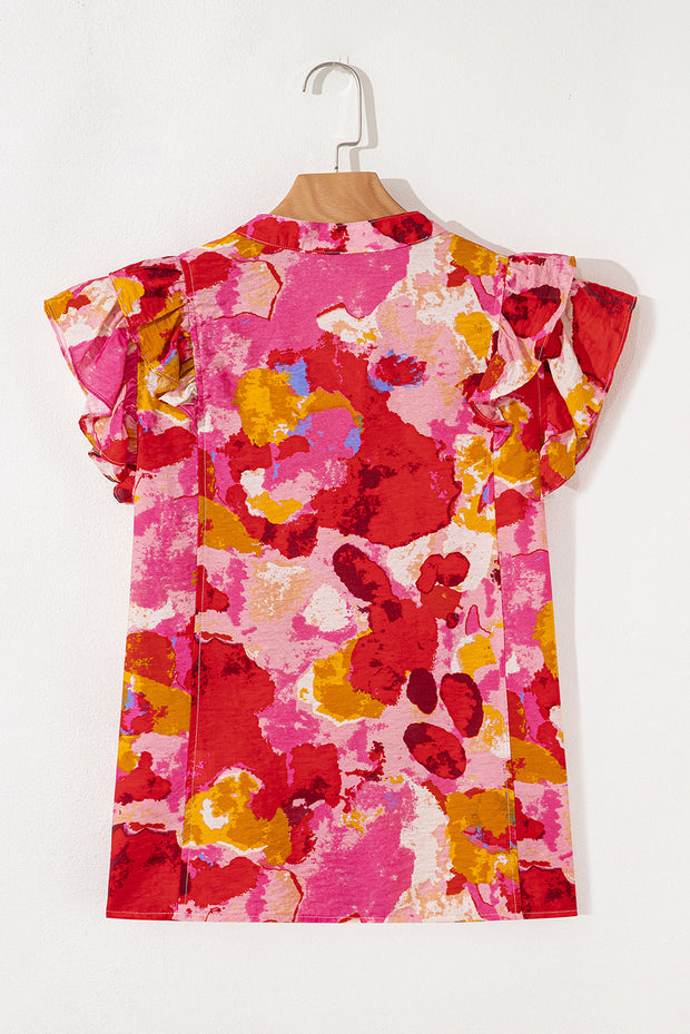 Red Abstract Print Split V Neck Ruffle Short Sleeve Blouse