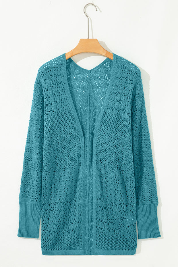 Lapis Mix Pattern Hollowed Knit Open Front Cardigan