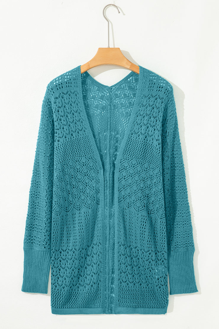 Lapis Mix Pattern Hollowed Knit Open Front Cardigan
