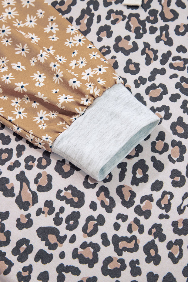 Multicolor Leopard Floral Patchwork Drawstring Hoodie