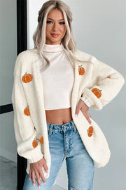 White Pumpkin Print Open Front Drop Shoulder Midi Cardigan