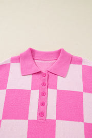 Pink Plus Size Checkered Collared Half Button Sweater