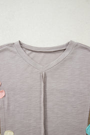 Green Flower Patched Exposed Seam Bracelet Sleeve Oversized T Shirt