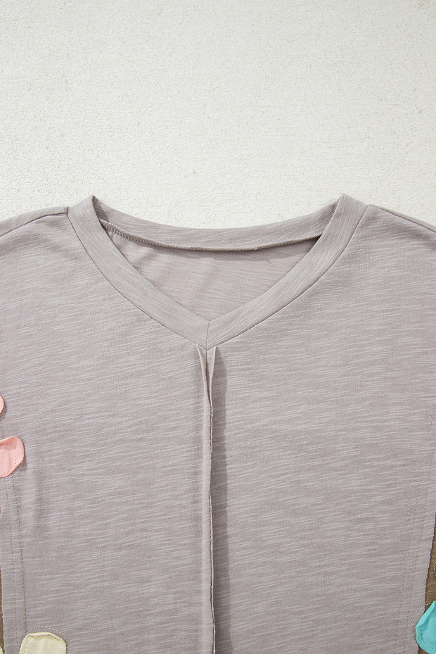 Green Flower Patched Exposed Seam Bracelet Sleeve Oversized T Shirt