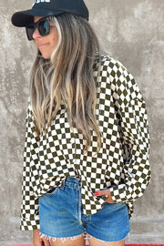 Green Checkerboard Printed Drop Shoulder Loose Casual Shirt