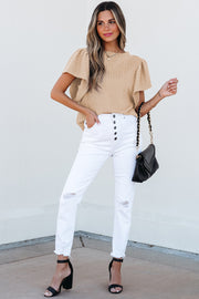 Beige Solid Color Textured Flutter Sleeve Top