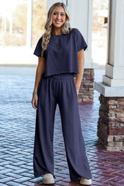 Navy Blue Raw Hem Loose Tee and Wide Leg Pants Set