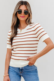 Khaki Stripe Scalloped Round Neck Short Sleeve Sweater