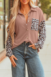 Dark Khaki Leopard Patched Twisted Ribbed Western Casual Shacket