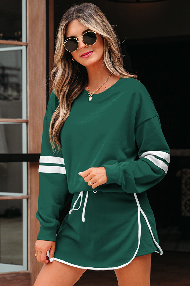 Evergreen Varsity Stripe Detail Drop Shoulder Pullover Mini Skirt Set